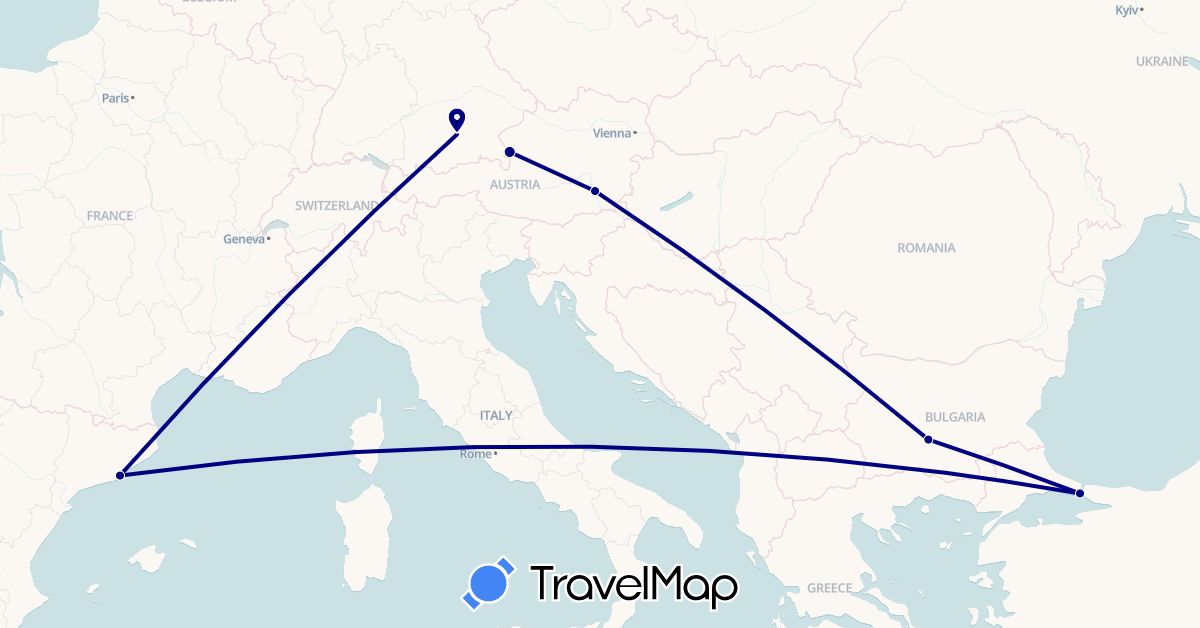 TravelMap itinerary: driving in Austria, Bulgaria, Germany, Spain, Turkey (Asia, Europe)